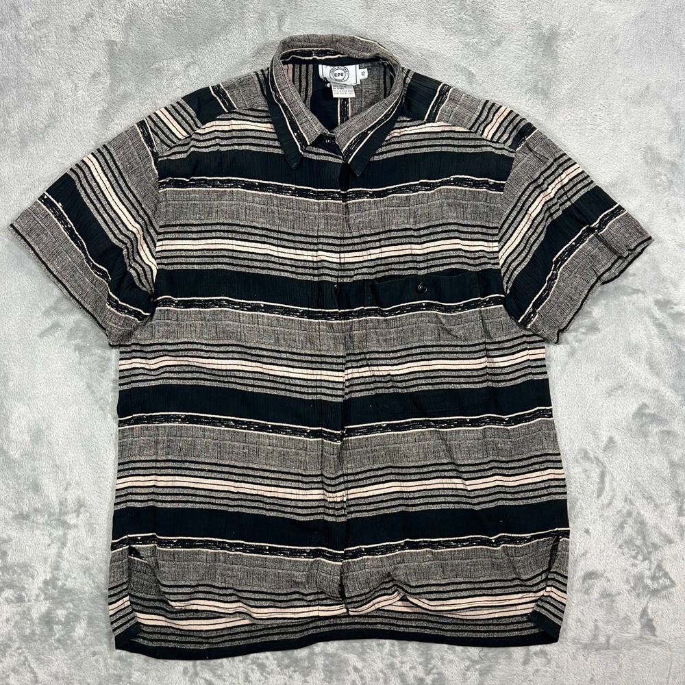 EVAN PICONE SPORT Button Up Shirt Womens 12 Black Striped Rayon Vintage Top